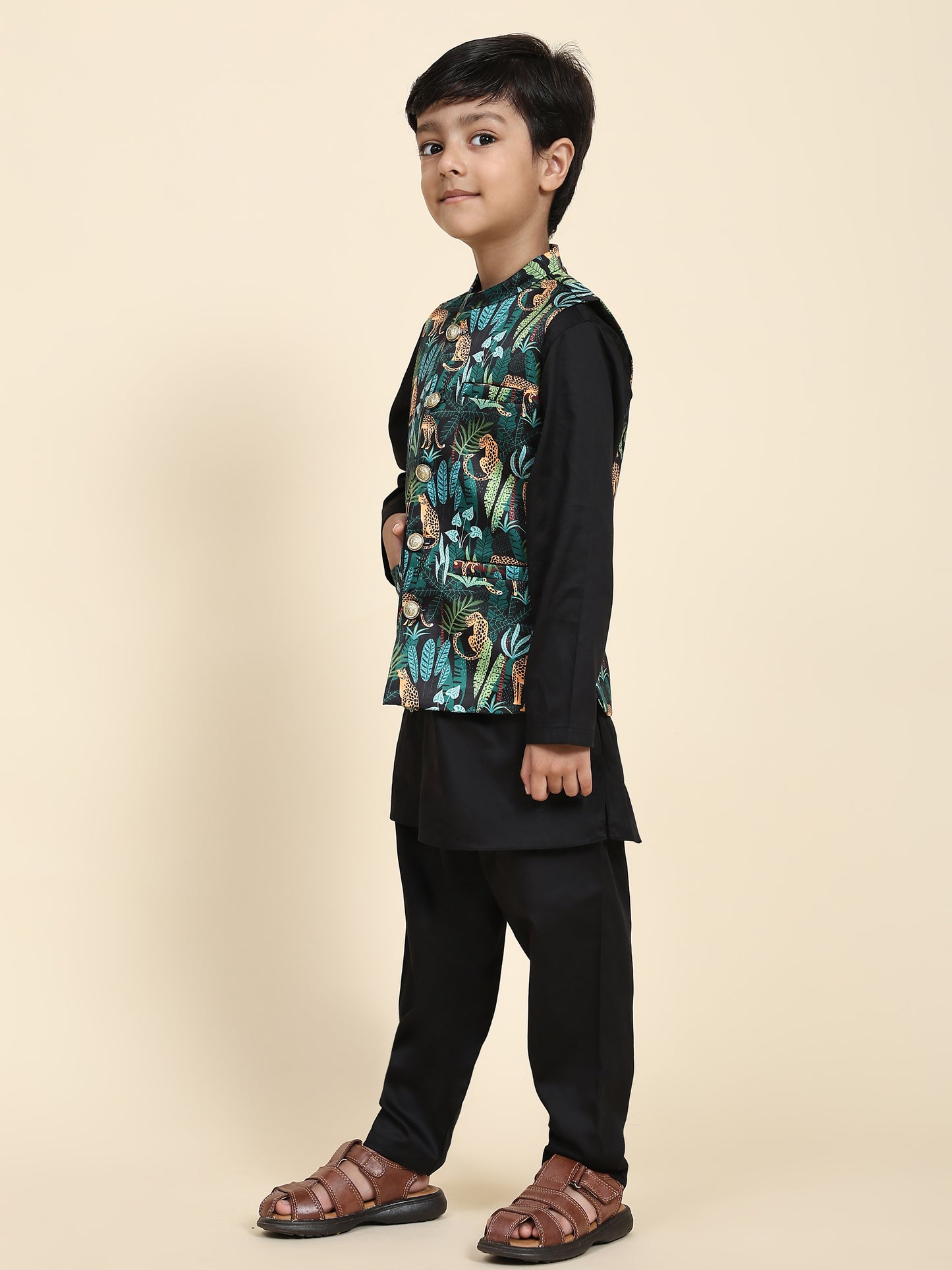 Black Leopard Satin  Koti with Black Kurta Pajama Set