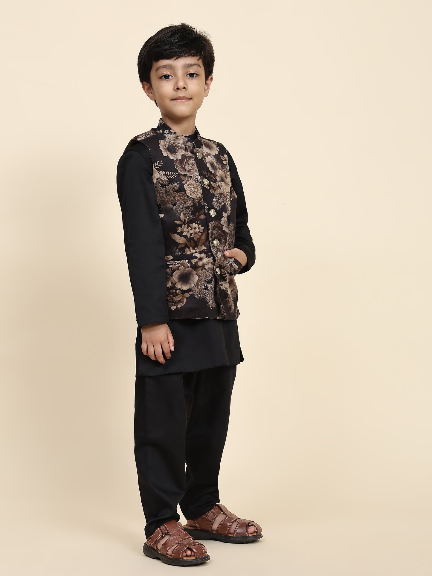 Golden Flower Velvet Koti with Black Kurta Pajama Set