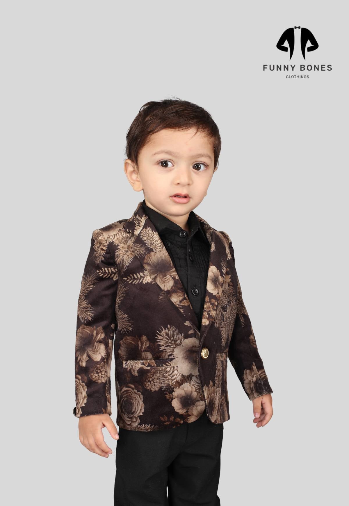 Golden Flower Printed Velvet Blazer Set