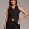 Solid Black Colour Waistcoat Short Set Pure Linen