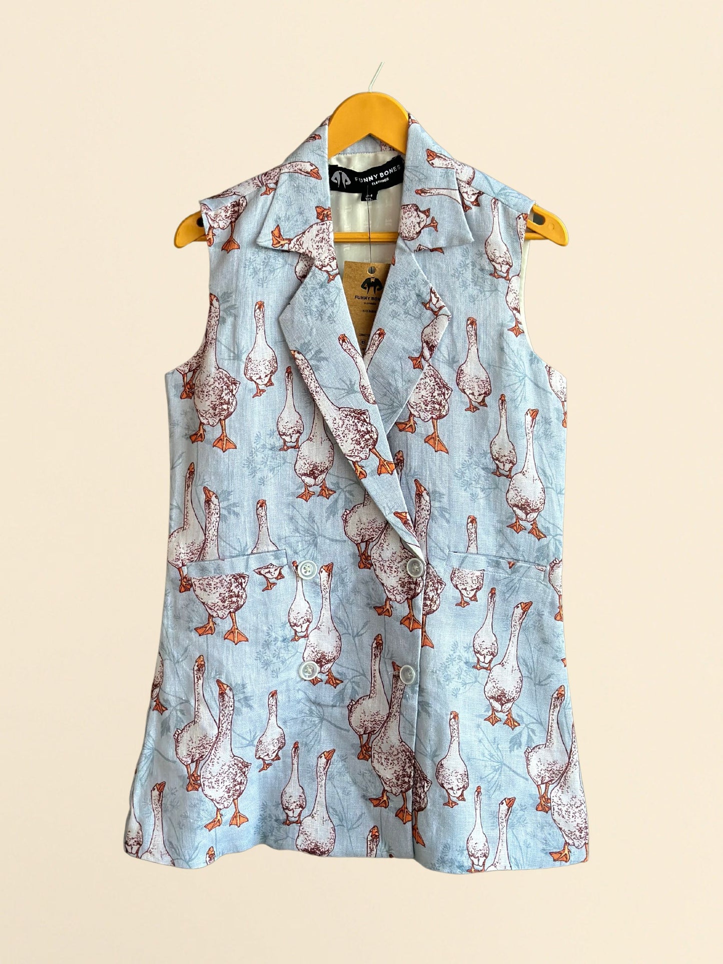 Goose Print Pure Linen Blazer Dress