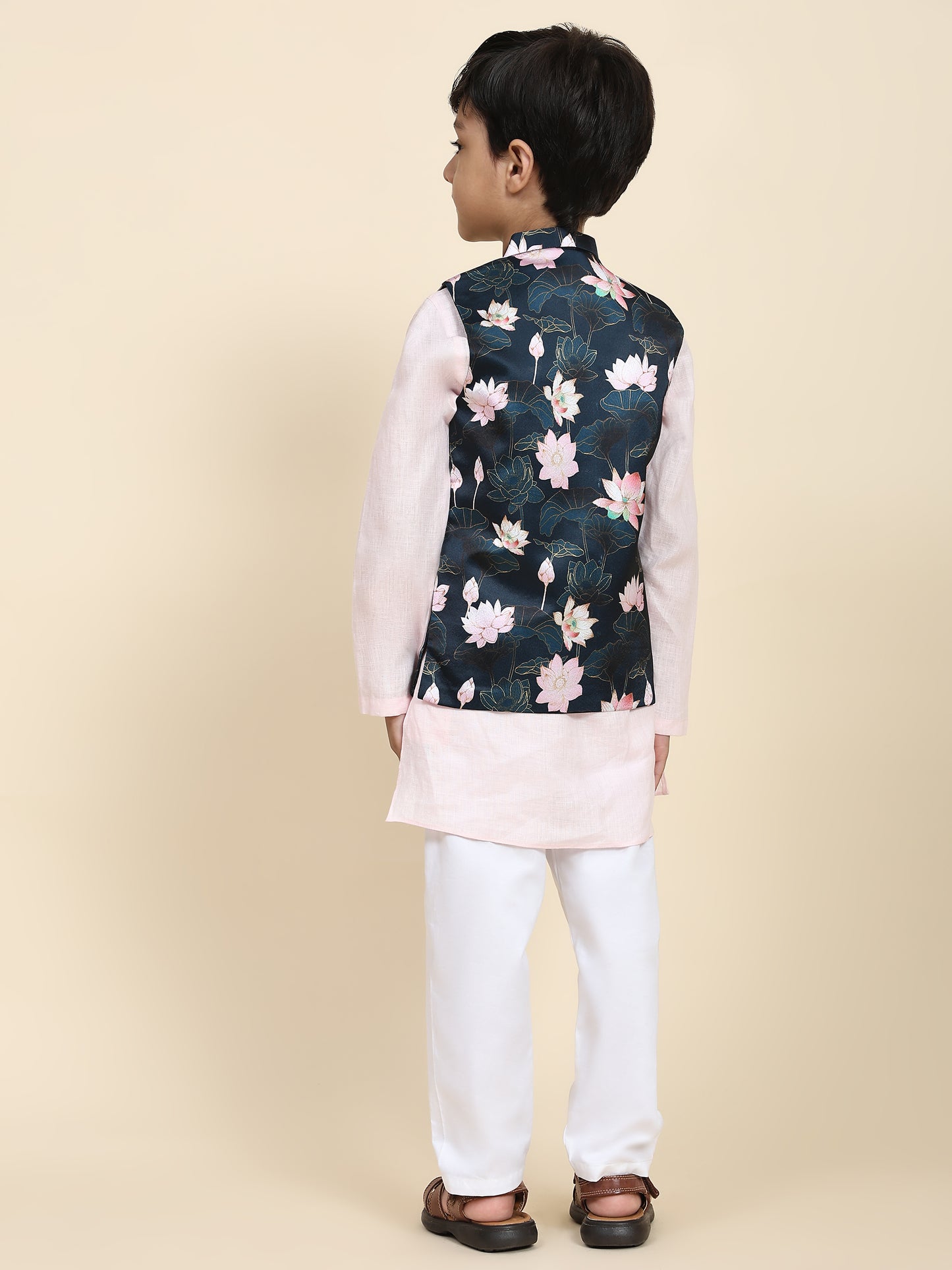 Lotus Print Satin Koti with Pink Kurta White Pajama Set