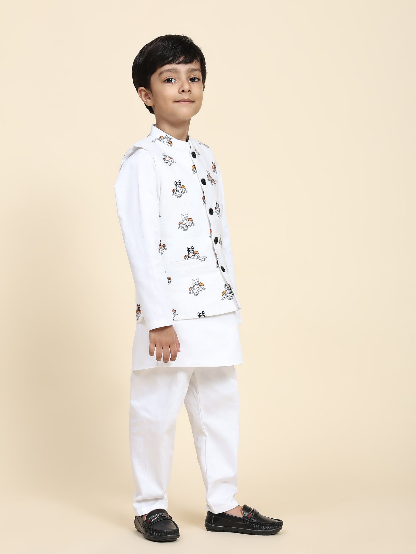 Dog Print Linen Koti with Pure Cotton White Kurta Pajama Set