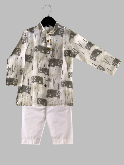 Enchanted Elephant Printed Pure Linen Kurta Pure Cotton Pajama Set