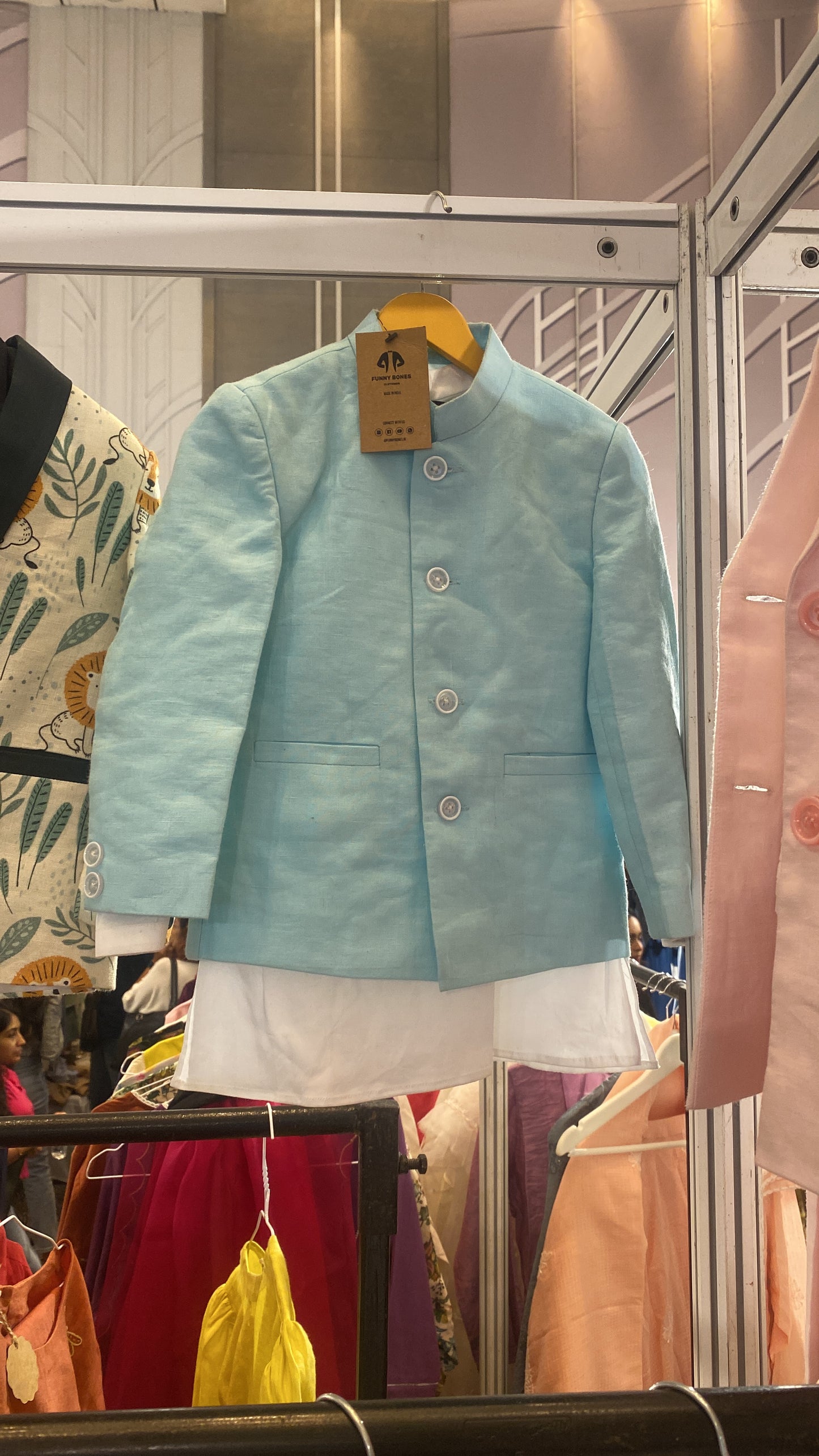 Solid Sky Blue Pure Linen Bandgala Blazer with White Kurta Pajama  Set