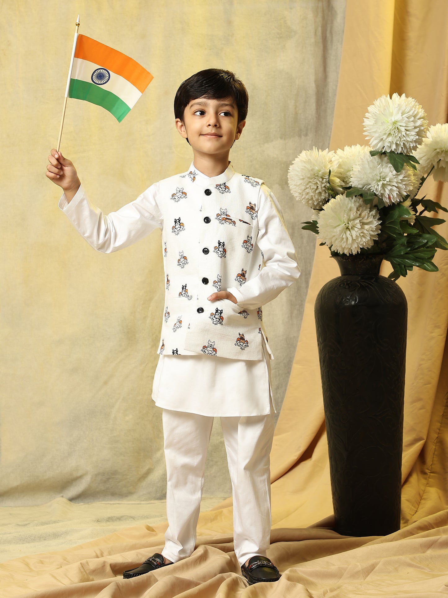 Dog Print Linen Koti with Pure Cotton White Kurta Pajama Set