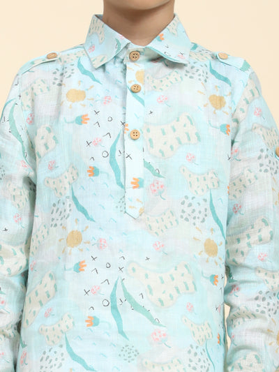 Waterlife Print Pure Linen Kurta  and Premium Cotton Pajama Set