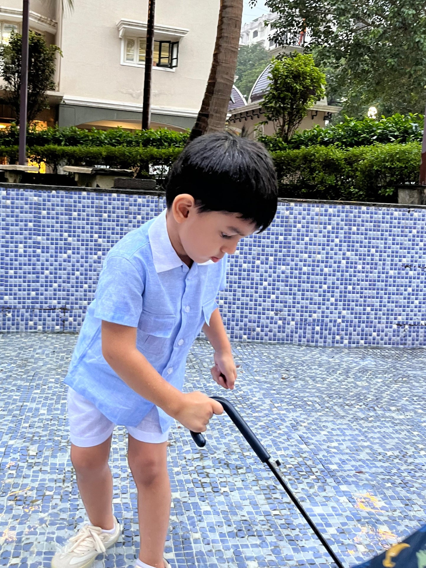 Classic Unisex Blue White Collared Shirt & White Shorts Set