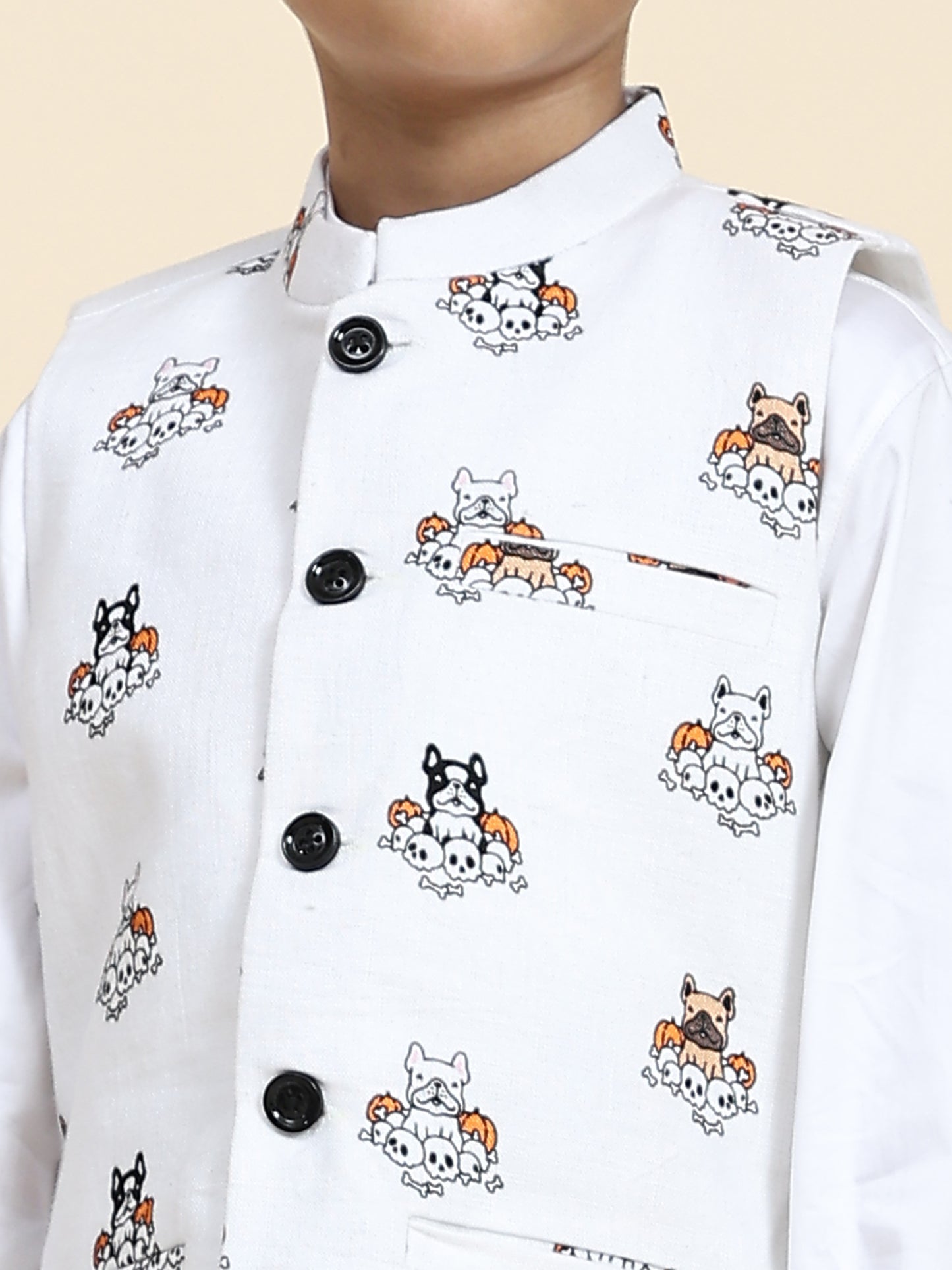 Dog Print Linen Koti with Pure Cotton White Kurta Pajama Set