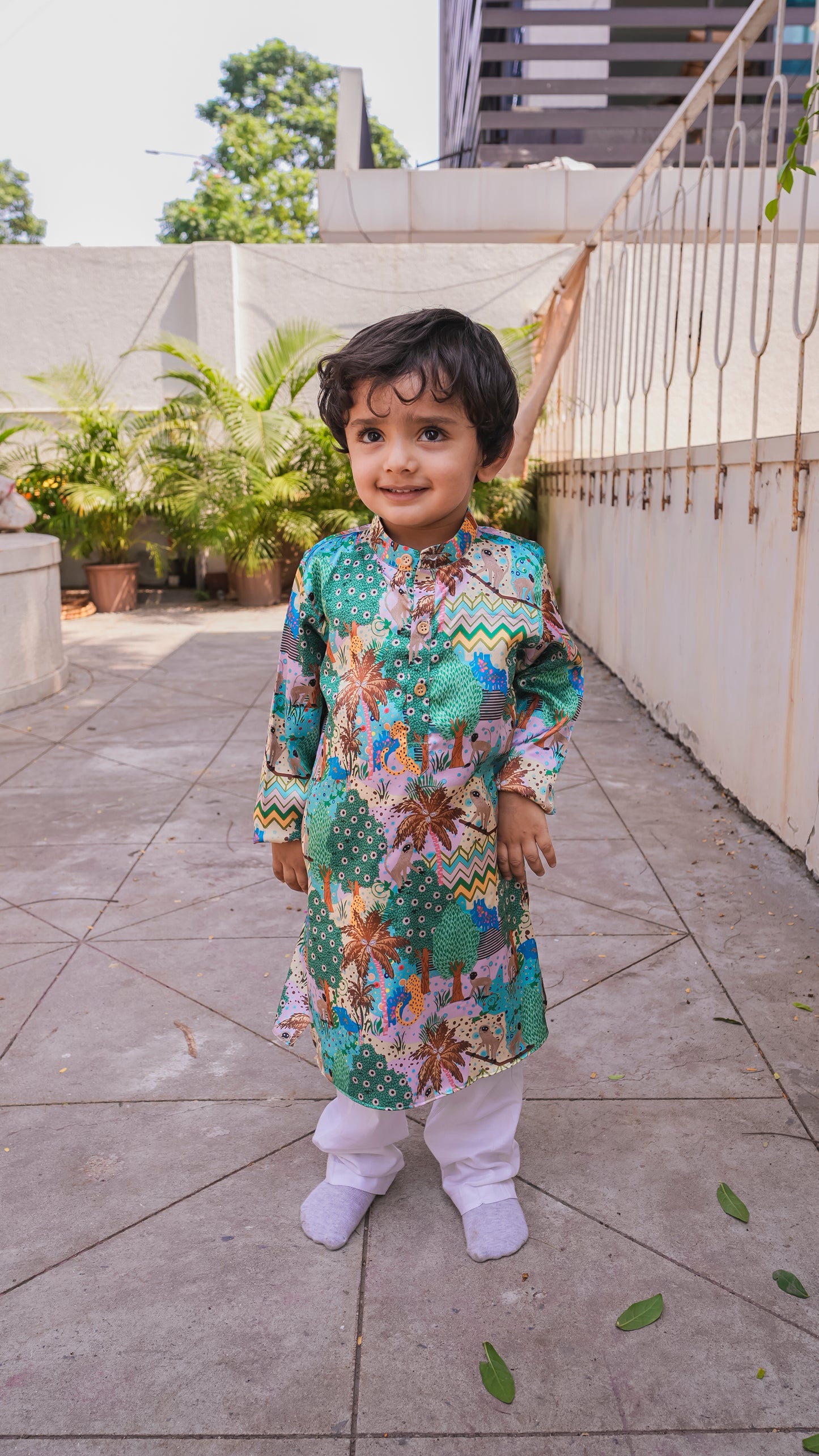 Monkey Print Satin Kurta and Pure Cotton Pajama Set