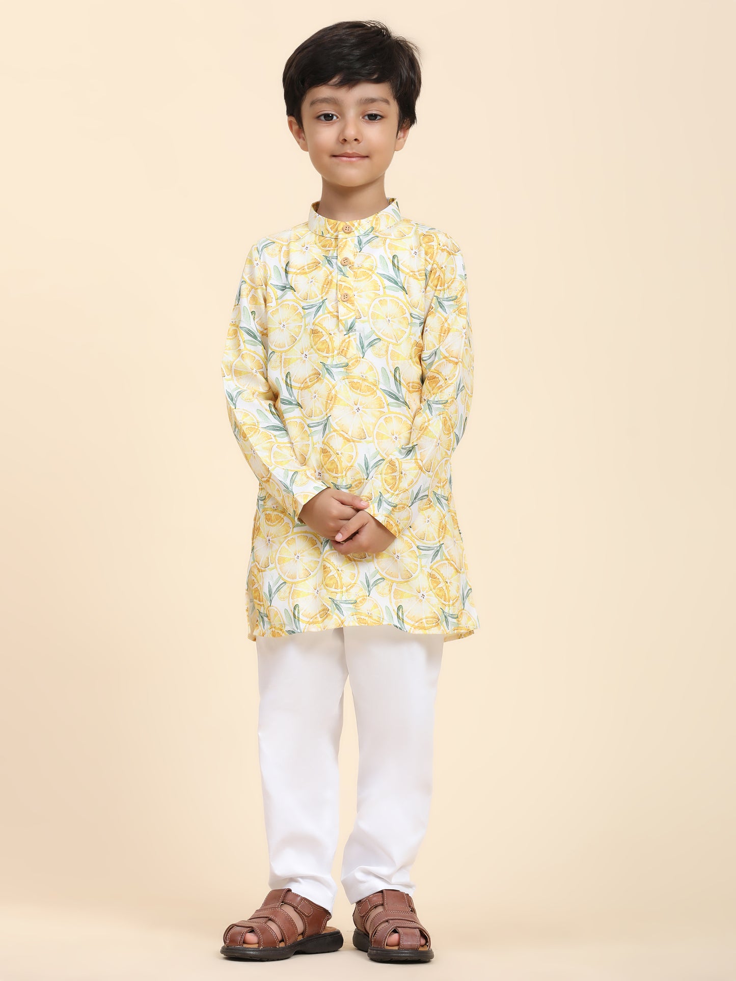 Lemon Print Vestiario's Blend Linen Kurta Pajama Set