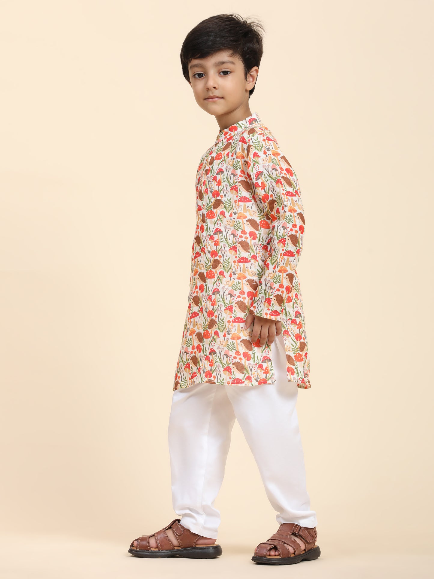 Mushroom Print Pure Linen Kurta  and Premium Cotton Pajama Set