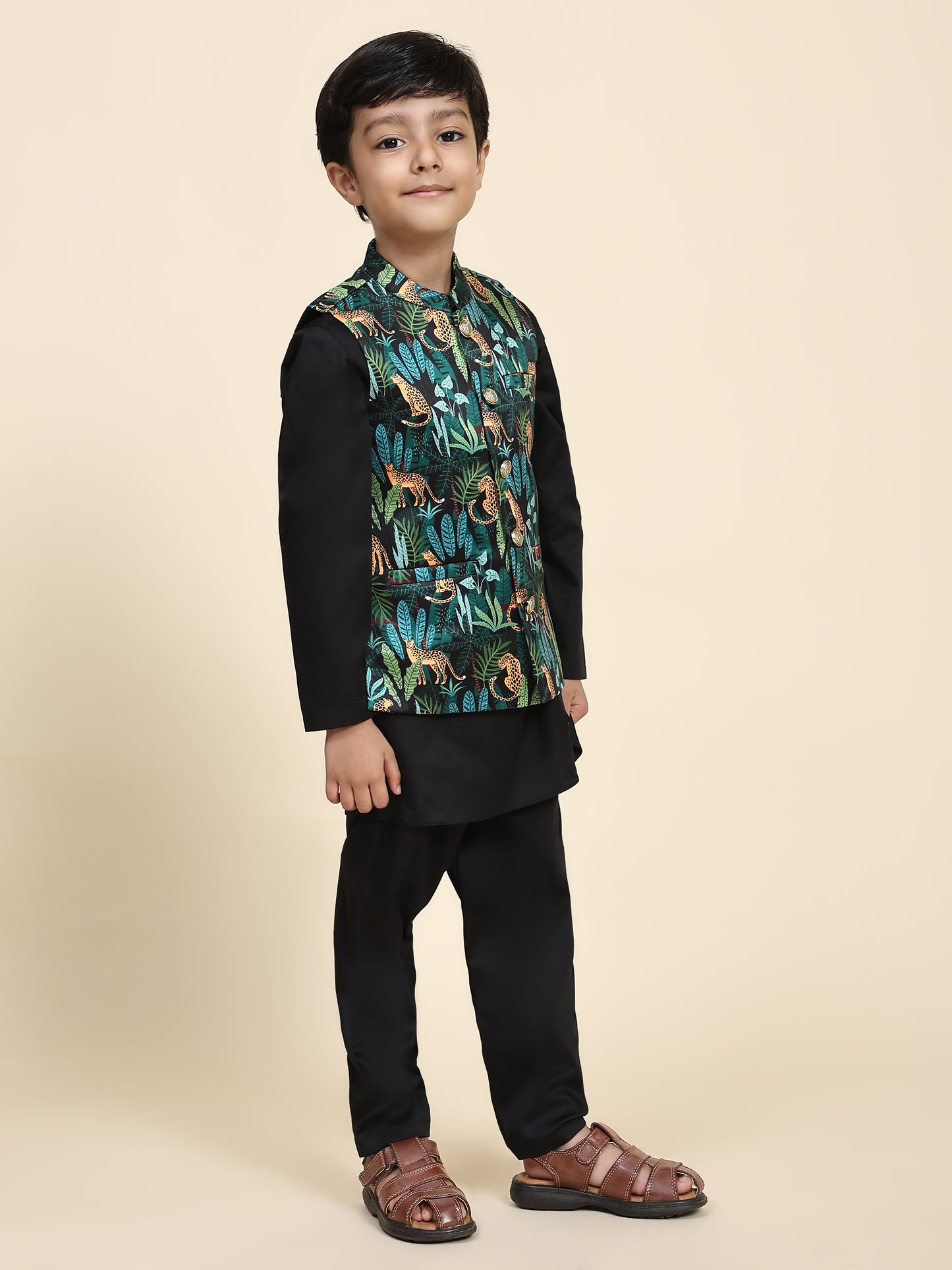 Black Leopard Satin  Koti with Black Kurta Pajama Set