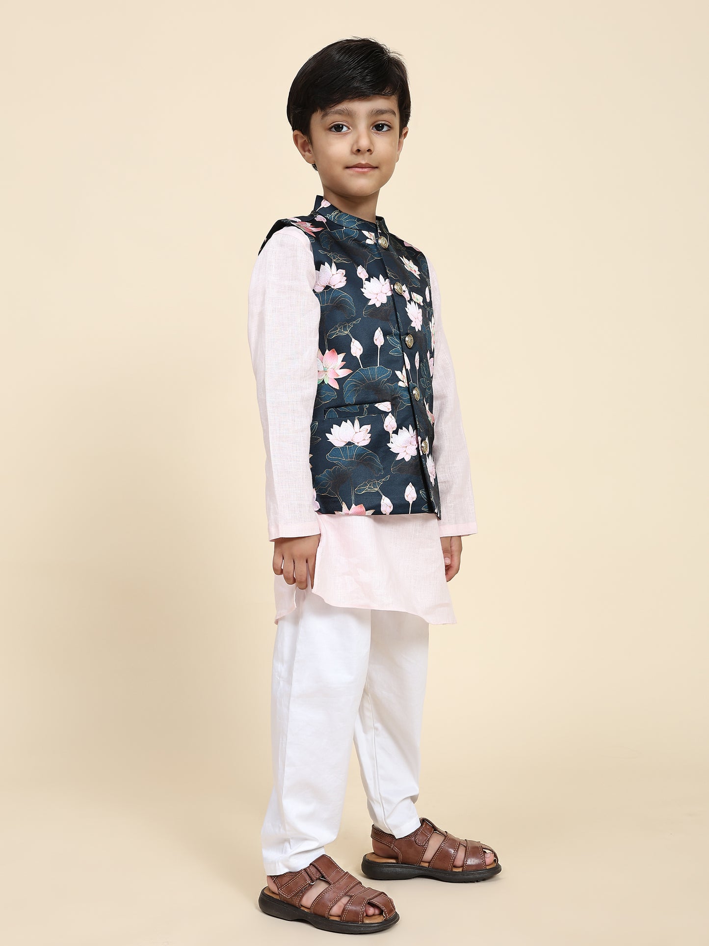 Lotus Print Satin Koti with Pink Kurta White Pajama Set