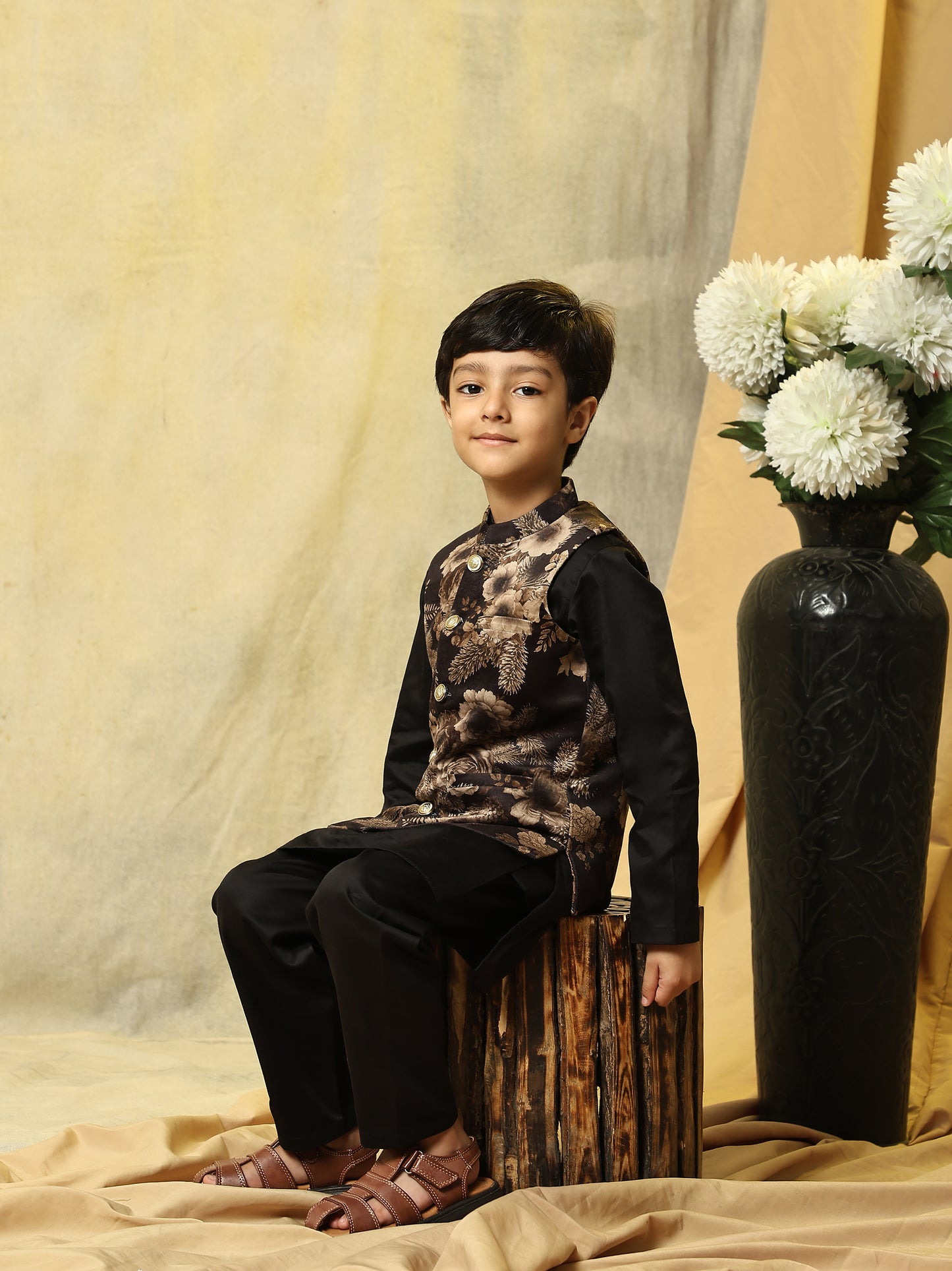 Golden Flower Velvet Koti with Black Kurta Pajama Set