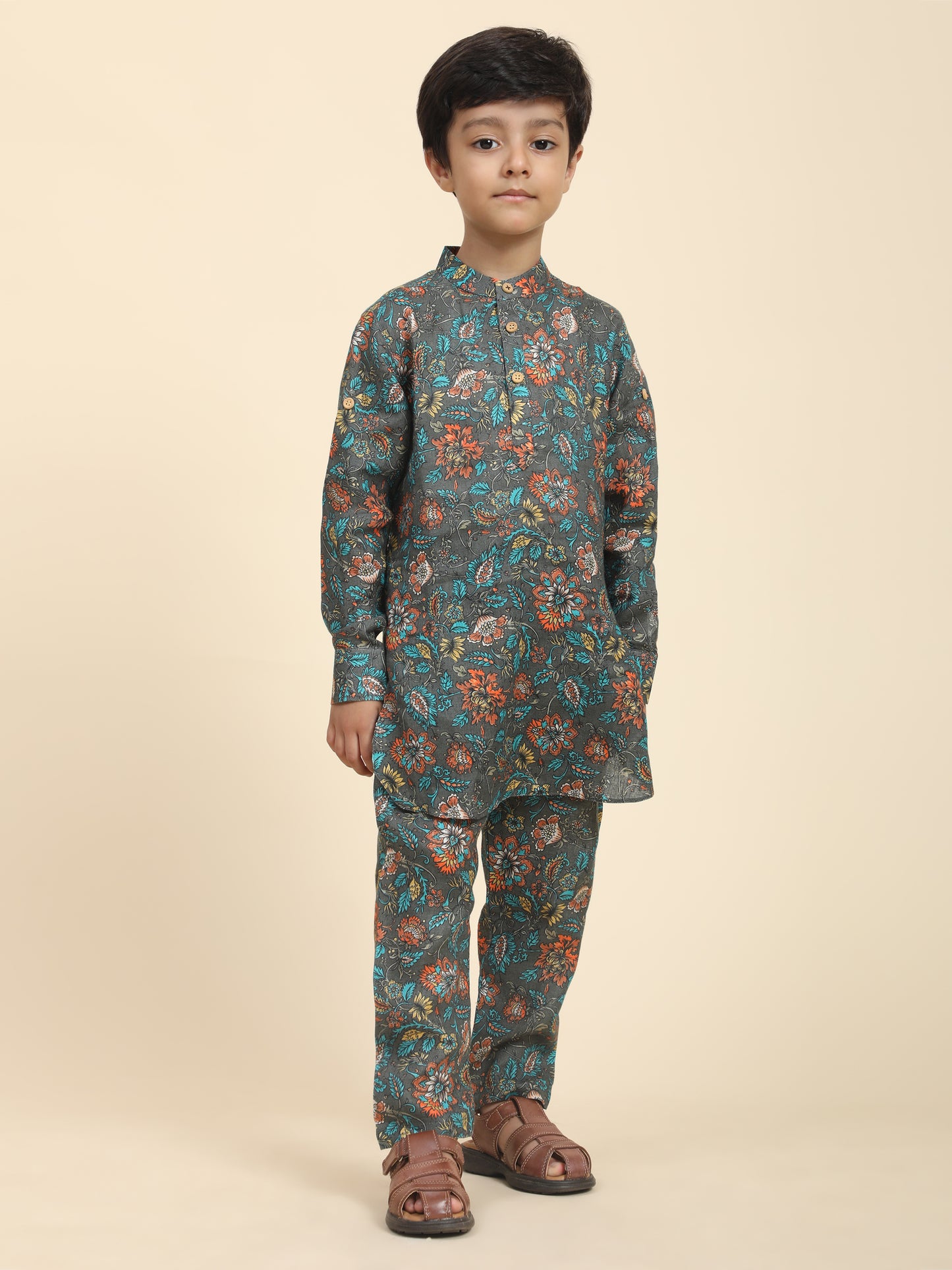 Dark flowers Print Pure Linen Kurta  and Pajama Set