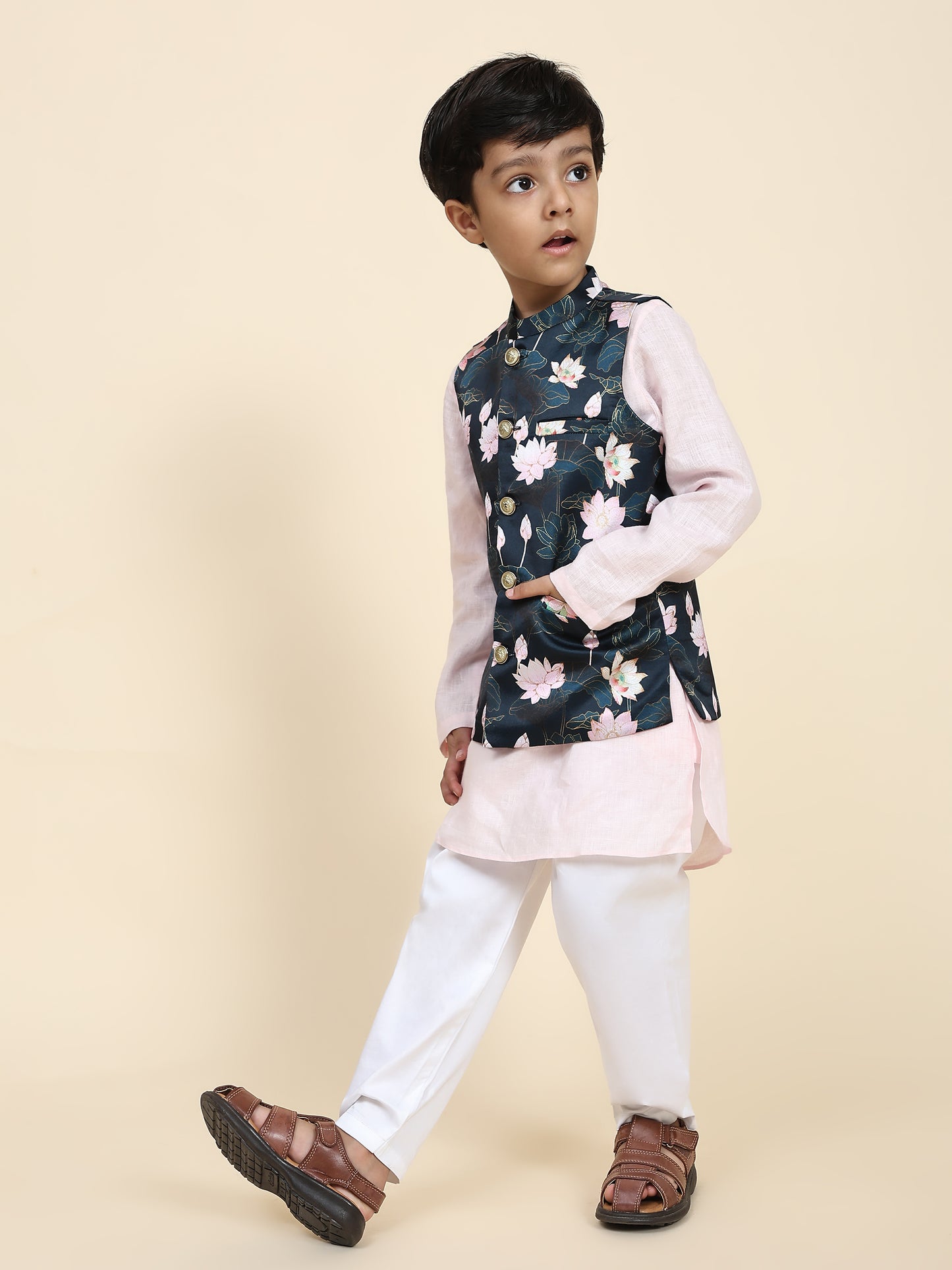 Lotus Print Satin Koti with Pink Kurta White Pajama Set