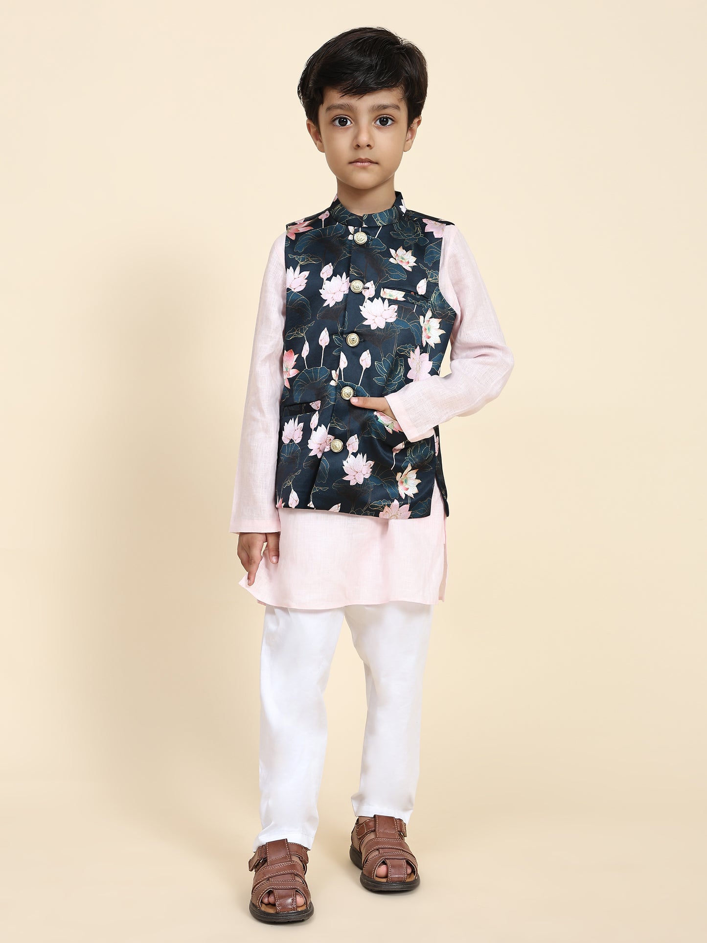 Lotus Print Satin Koti with Pink Kurta White Pajama Set