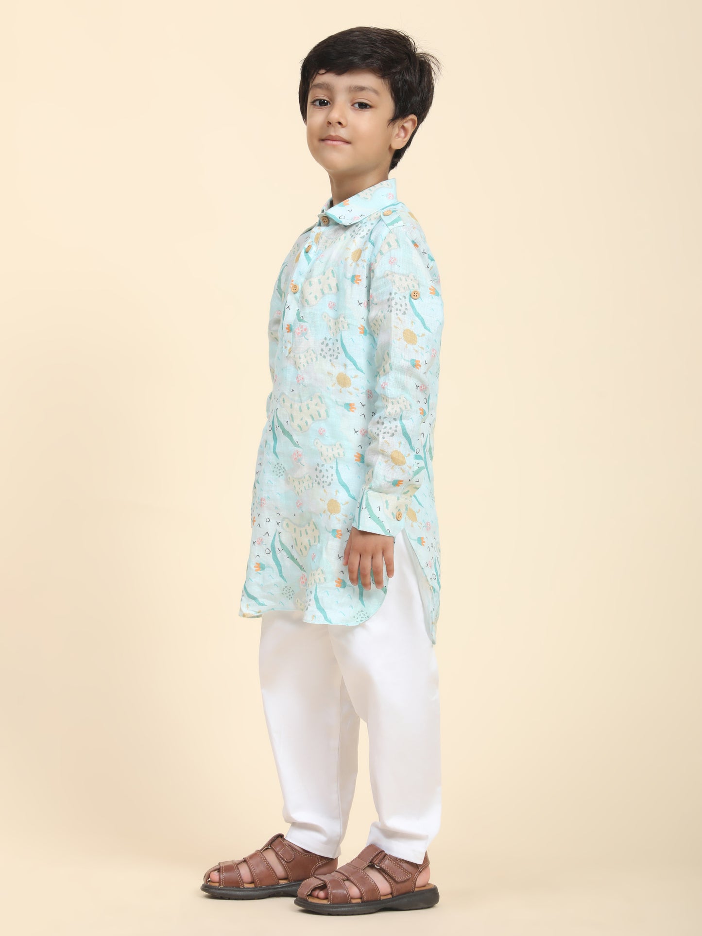 Waterlife Print Pure Linen Kurta  and Premium Cotton Pajama Set