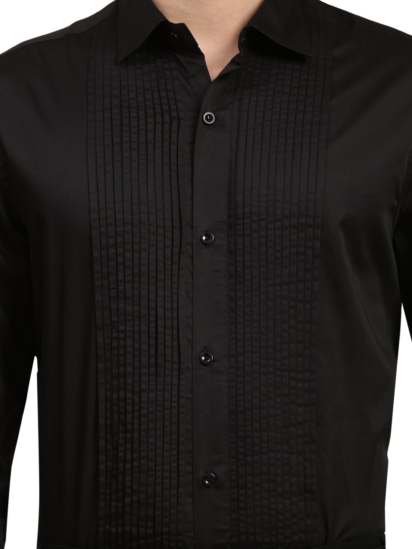 Full Pintex Tuxedo Shirt 100% Premium Cotton Satin for Men (Black Colour)