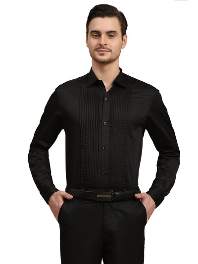 Full Pintex Tuxedo Shirt 100% Premium Cotton Satin for Men (Black Colour)