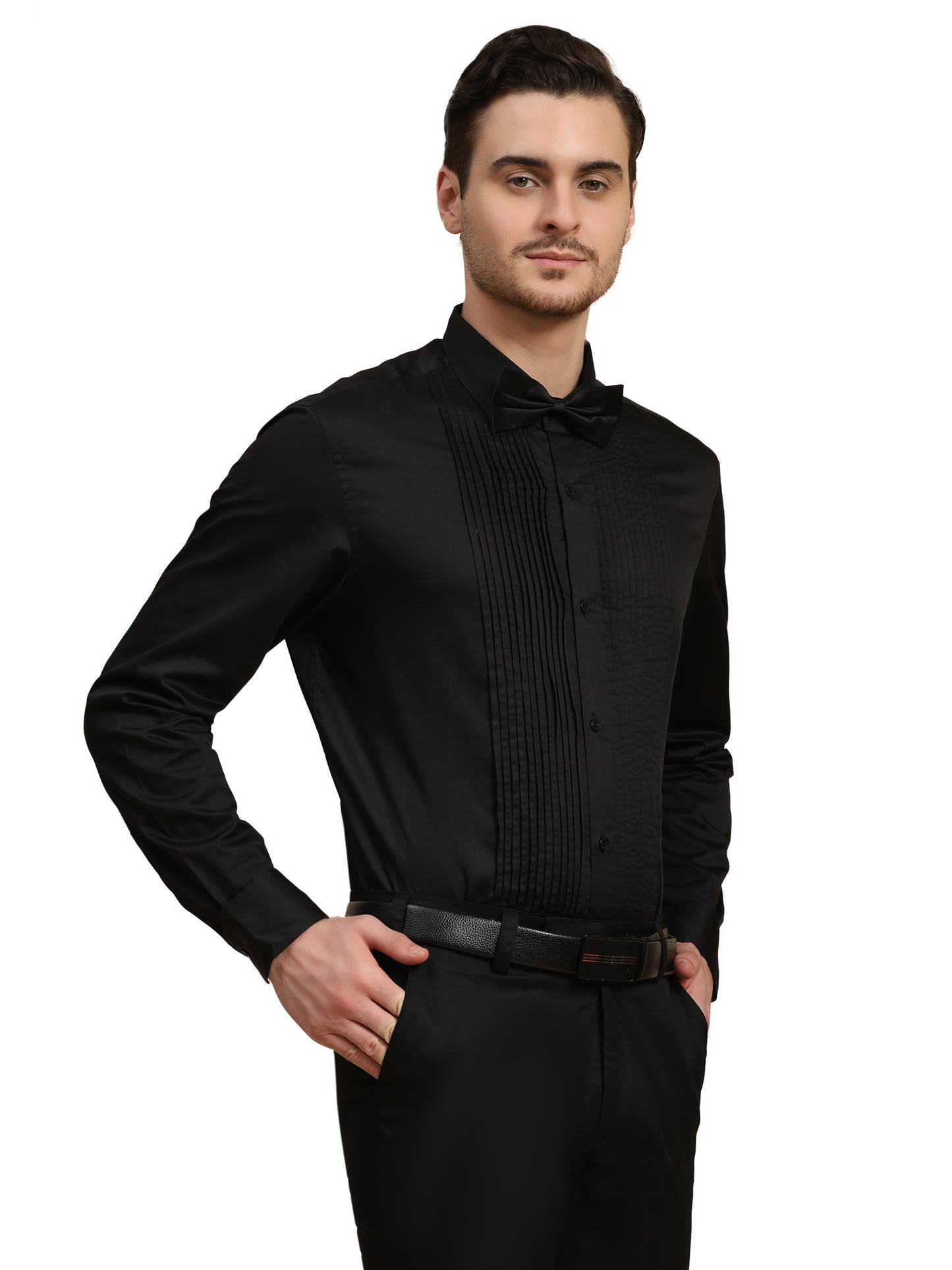 Full Pintex Tuxedo Shirt 100% Premium Cotton Satin for Men (Black Colour)