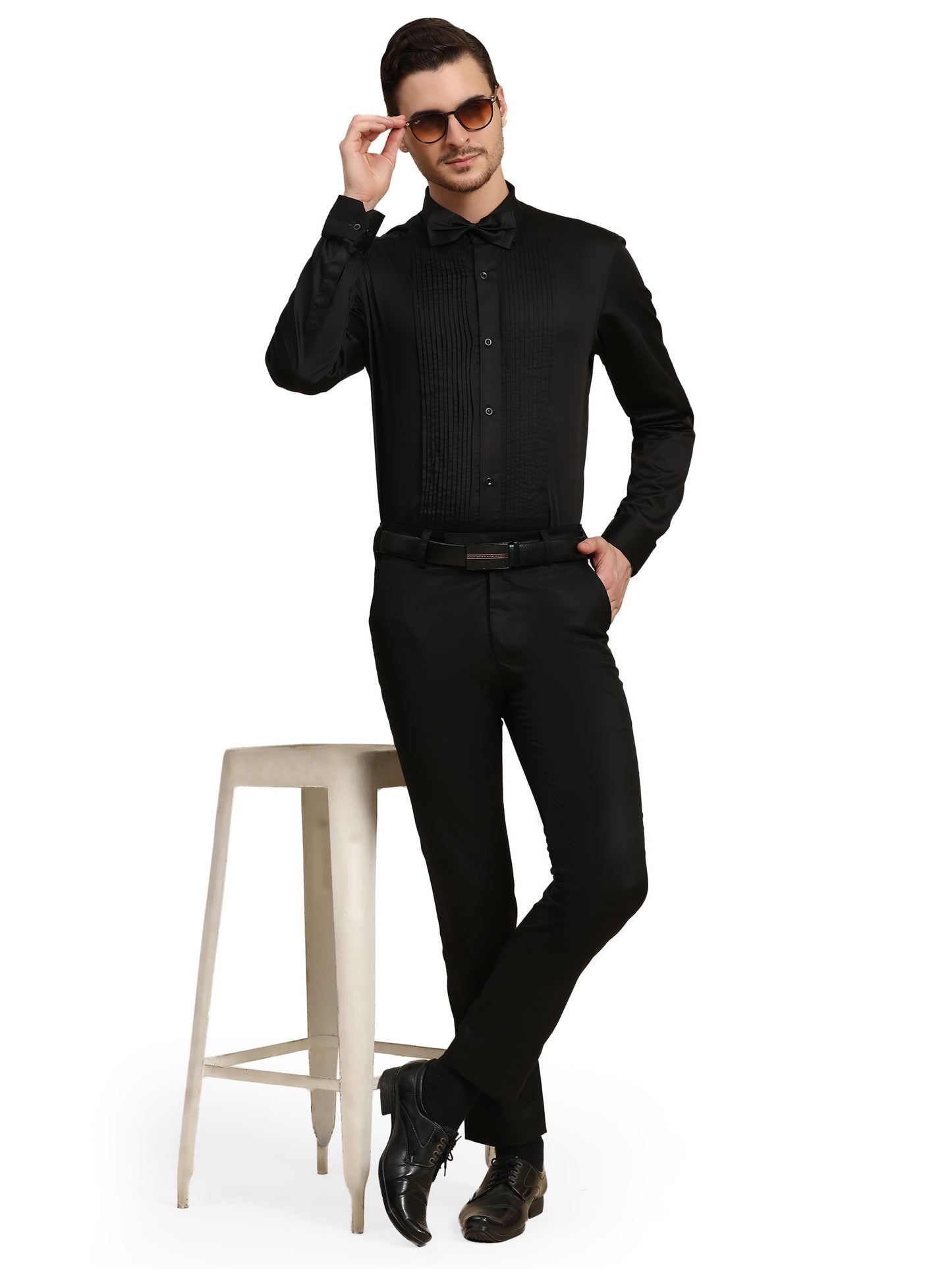 Full Pintex Tuxedo Shirt 100% Premium Cotton Satin for Men (Black Colour)