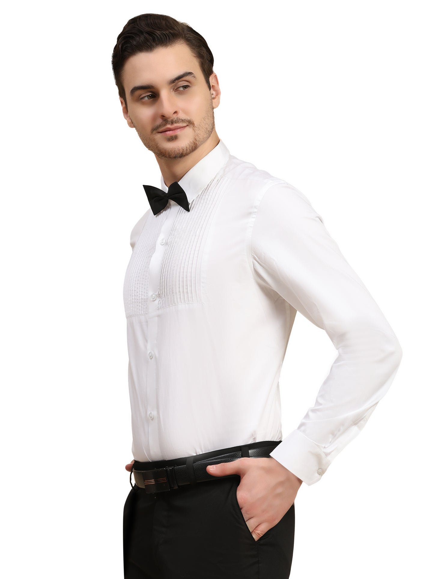 Half Pintex Tuxedo Shirt 100% Premium Cotton Satin for Men (White Colour)