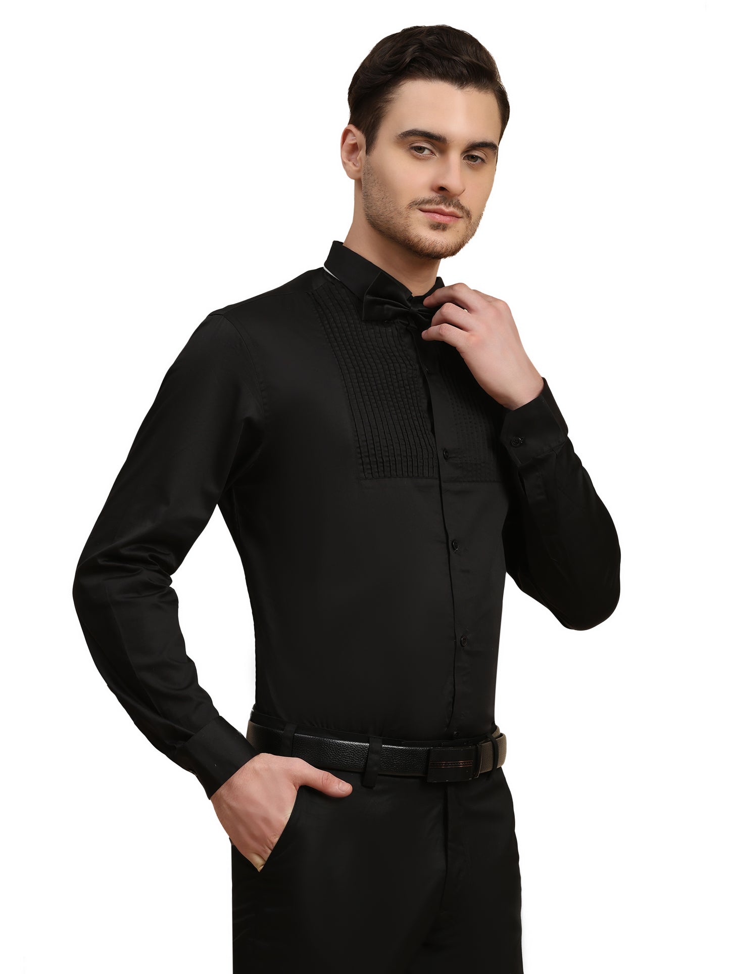 Half Pintex Tuxedo Shirt 100% Premium Cotton Satin for Men (Black Colour)