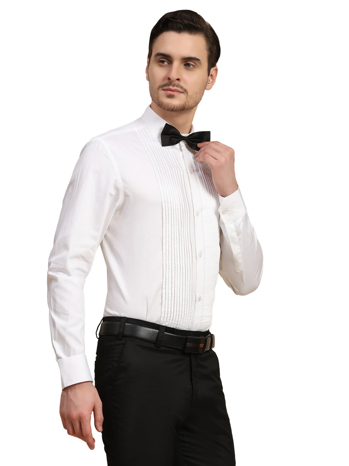 Full Pintex Tuxedo Shirt 100% Premium Cotton Satin for Men (White Colour)