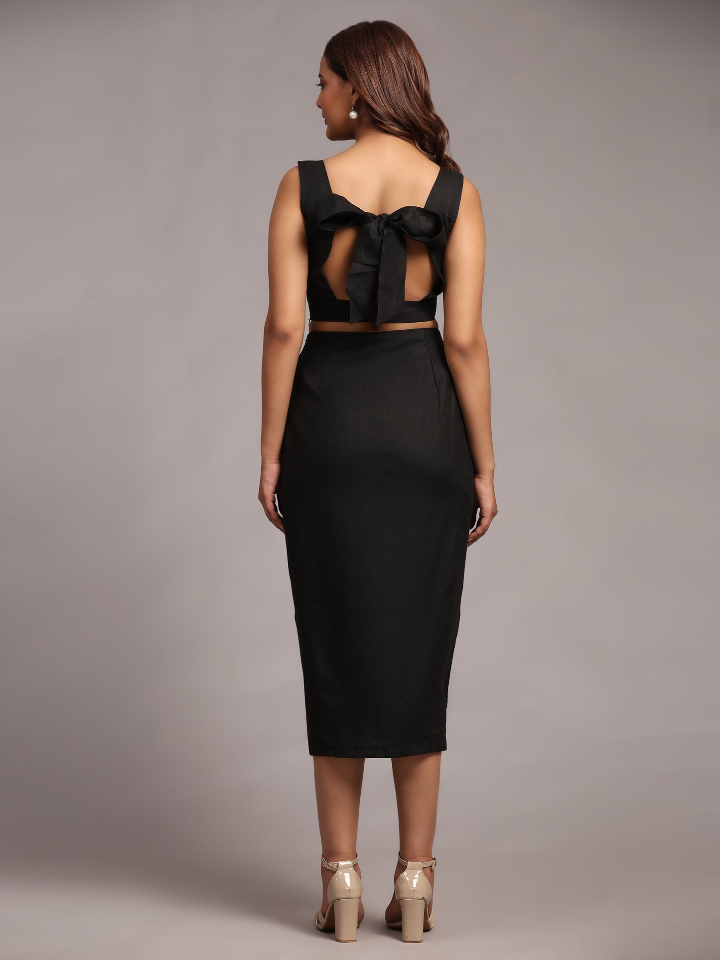 Solid Black Colour Designer Crop Top Skirt Set