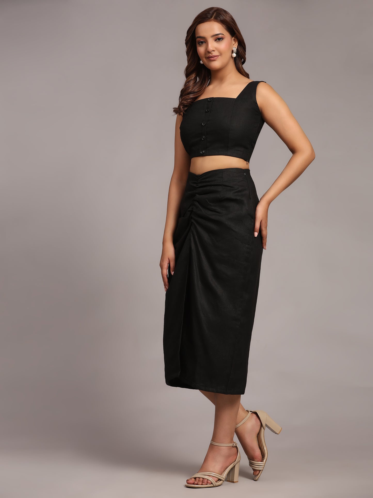 Solid Black Colour Designer Crop Top Skirt Set