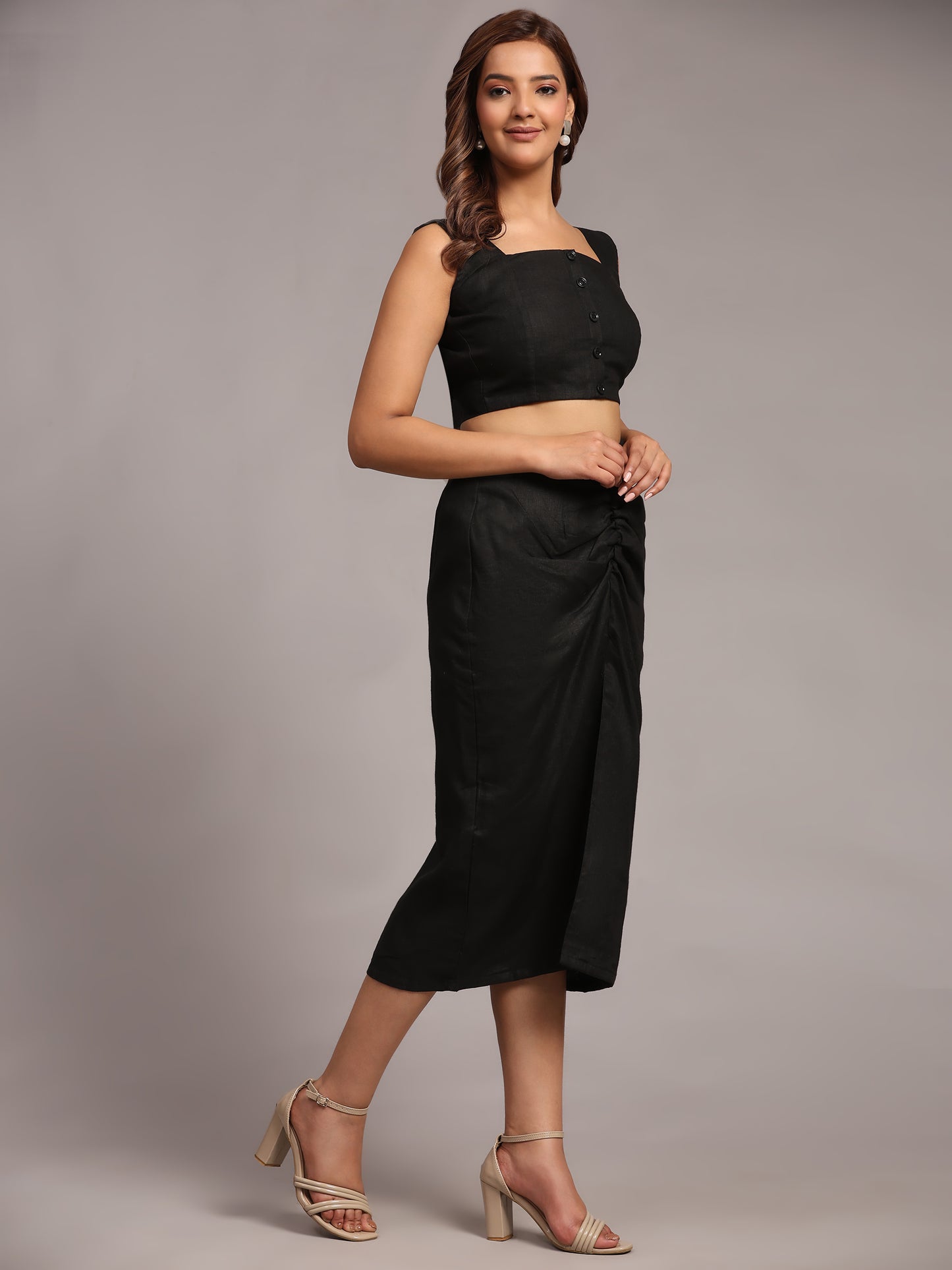 Solid Black Colour Designer Crop Top Skirt Set