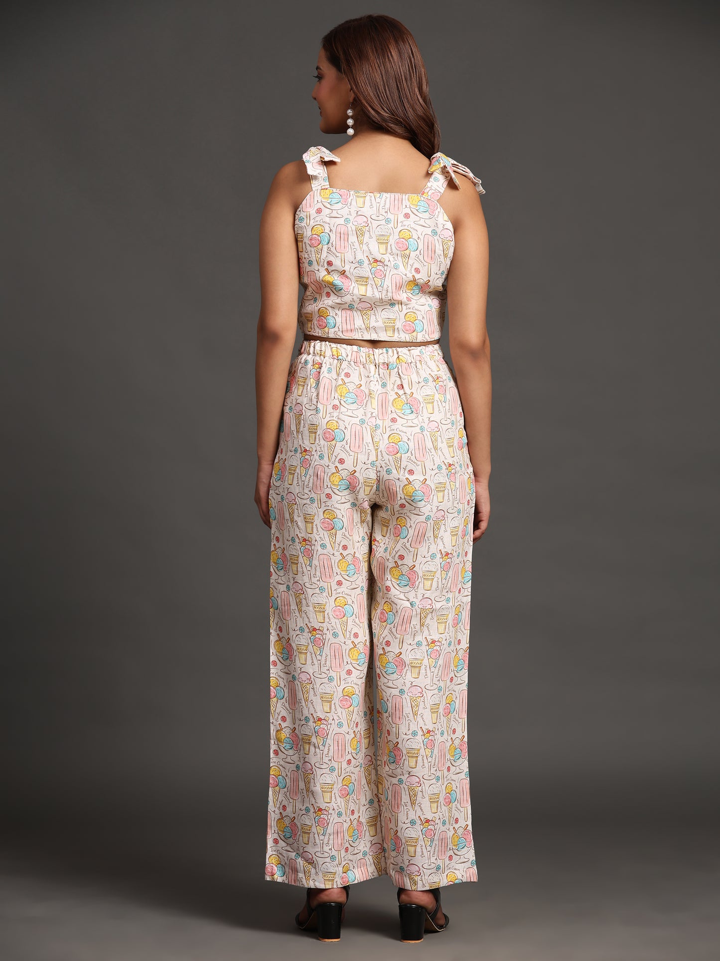 Candies and Icecream Print Pure Linen Top and Straight Pants Coord Set