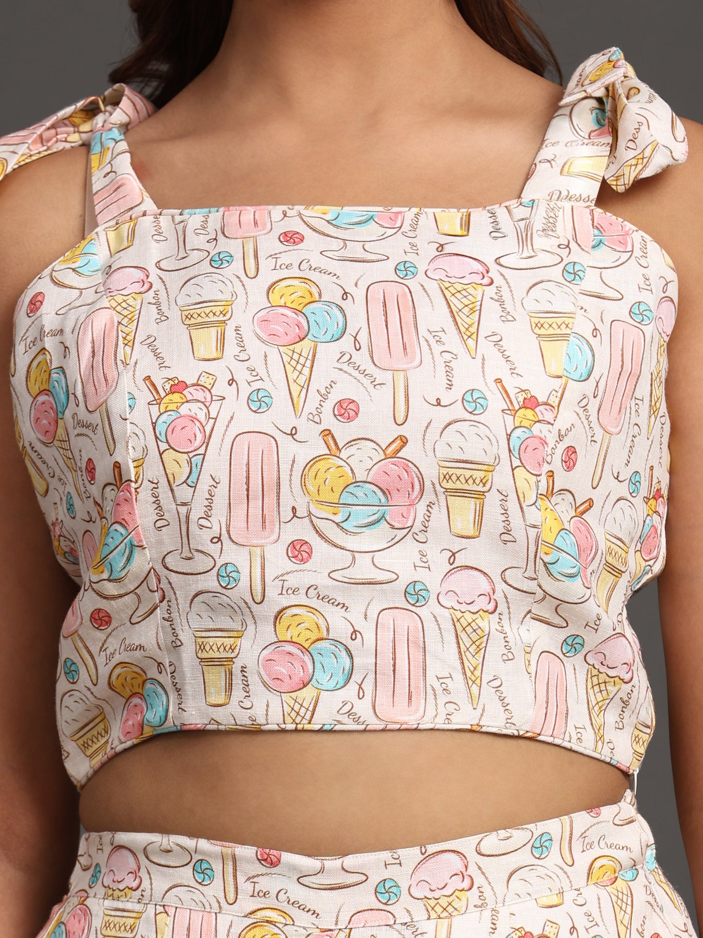 Candies and Icecream Print Pure Linen Top and Straight Pants Coord Set