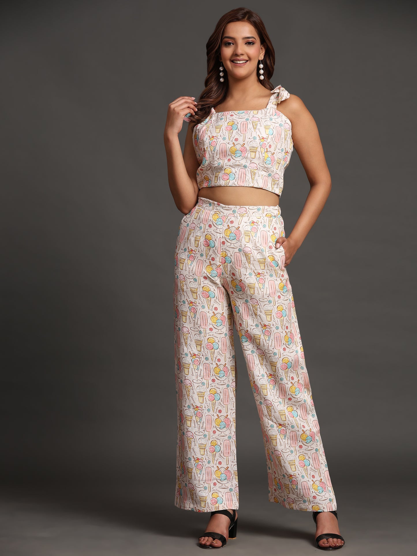 Candies and Icecream Print Pure Linen Top and Straight Pants Coord Set