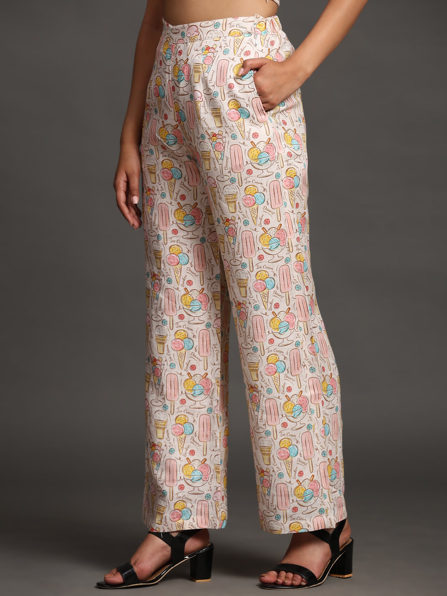 Candies and Icecream Print Pure Linen Top and Straight Pants Coord Set