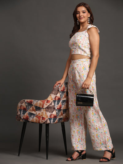 Candies and Icecream Print Pure Linen Top and Straight Pants Coord Set