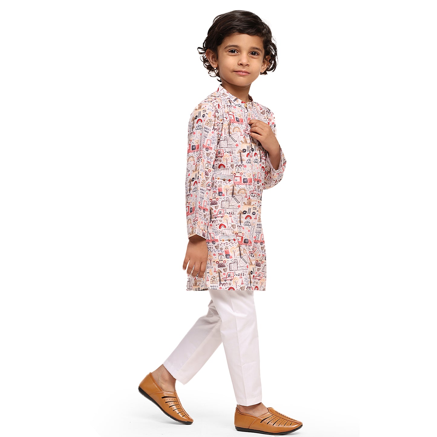 Red Car Print Vestiario's Blend Linen Kurta Pajama Set