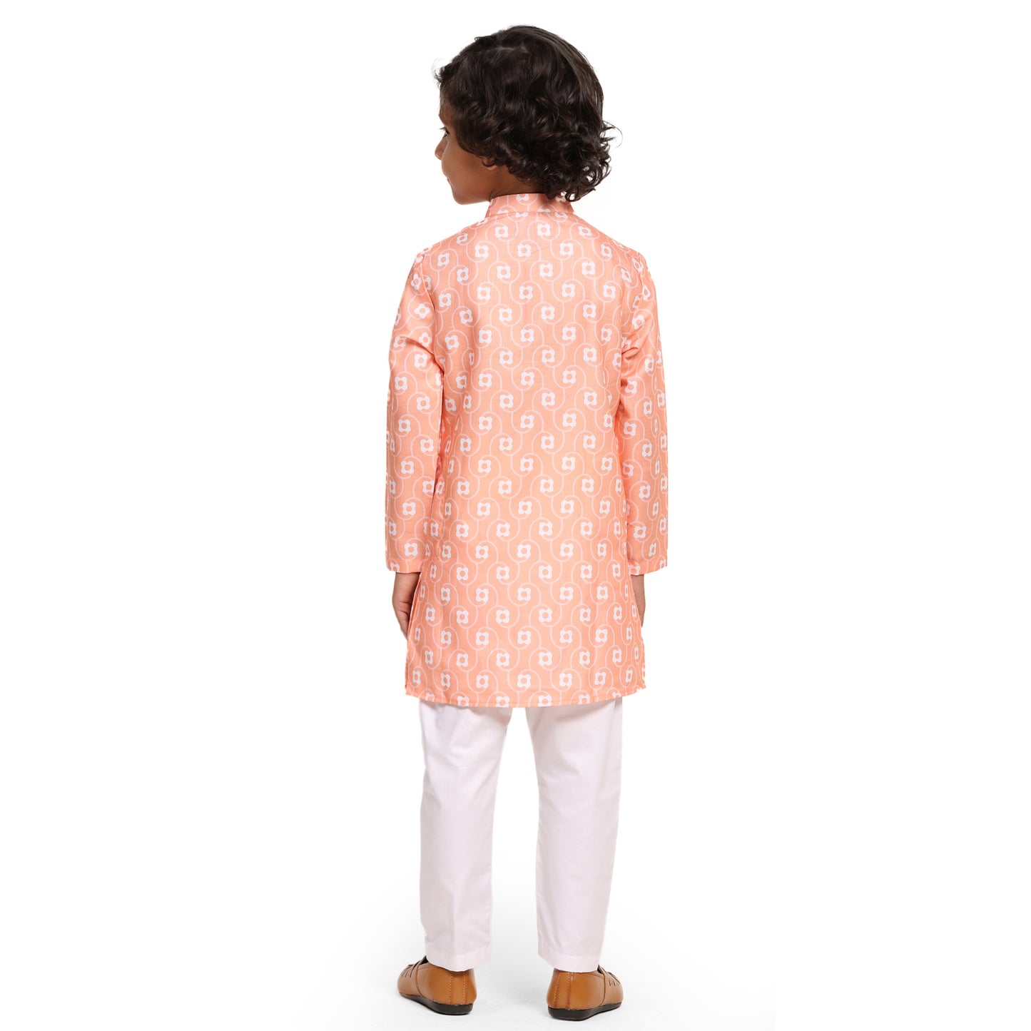 White Orange Flower Print  Vestiario's Blend Linen Kurta Pajama Set