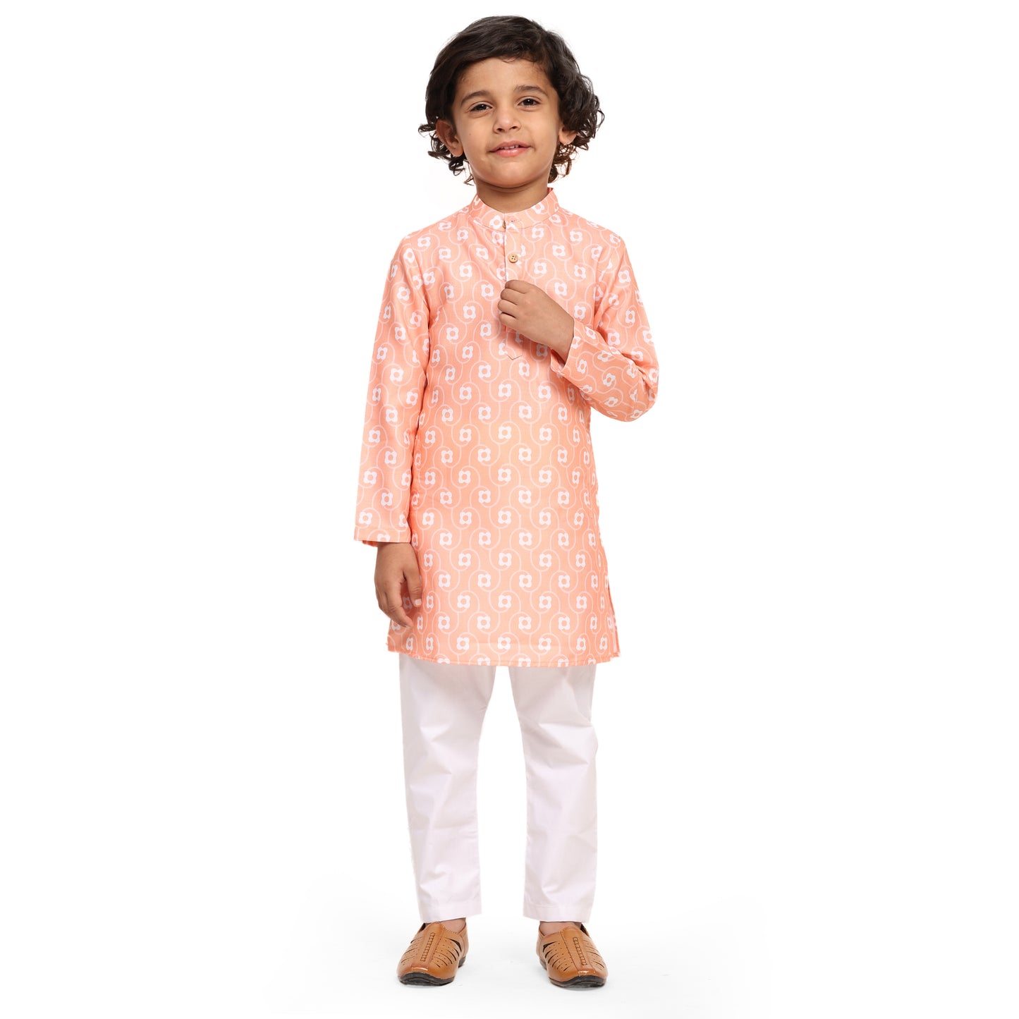 White Orange Flower Print  Vestiario's Blend Linen Kurta Pajama Set