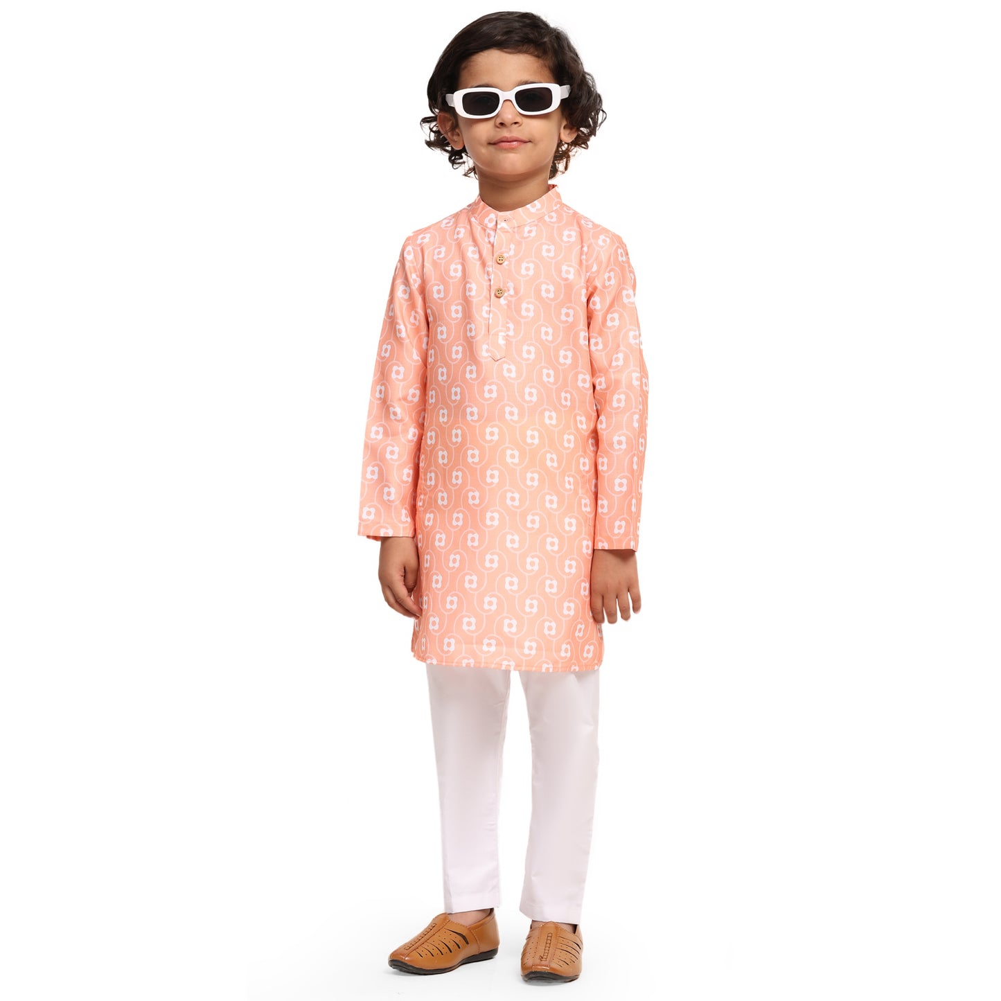 White Orange Flower Print  Vestiario's Blend Linen Kurta Pajama Set