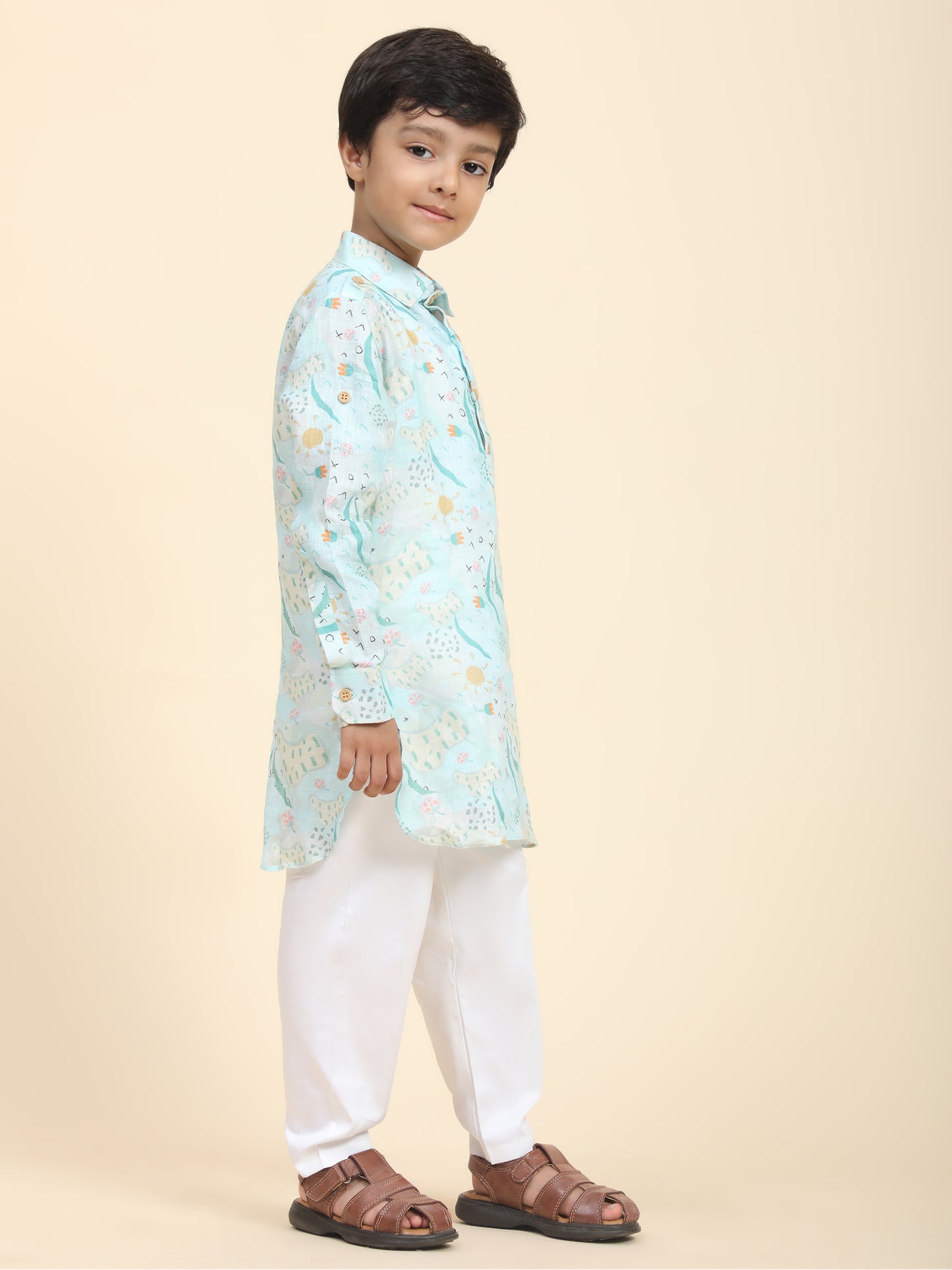 Waterlife Print Pure Linen Kurta  and Premium Cotton Pajama Set