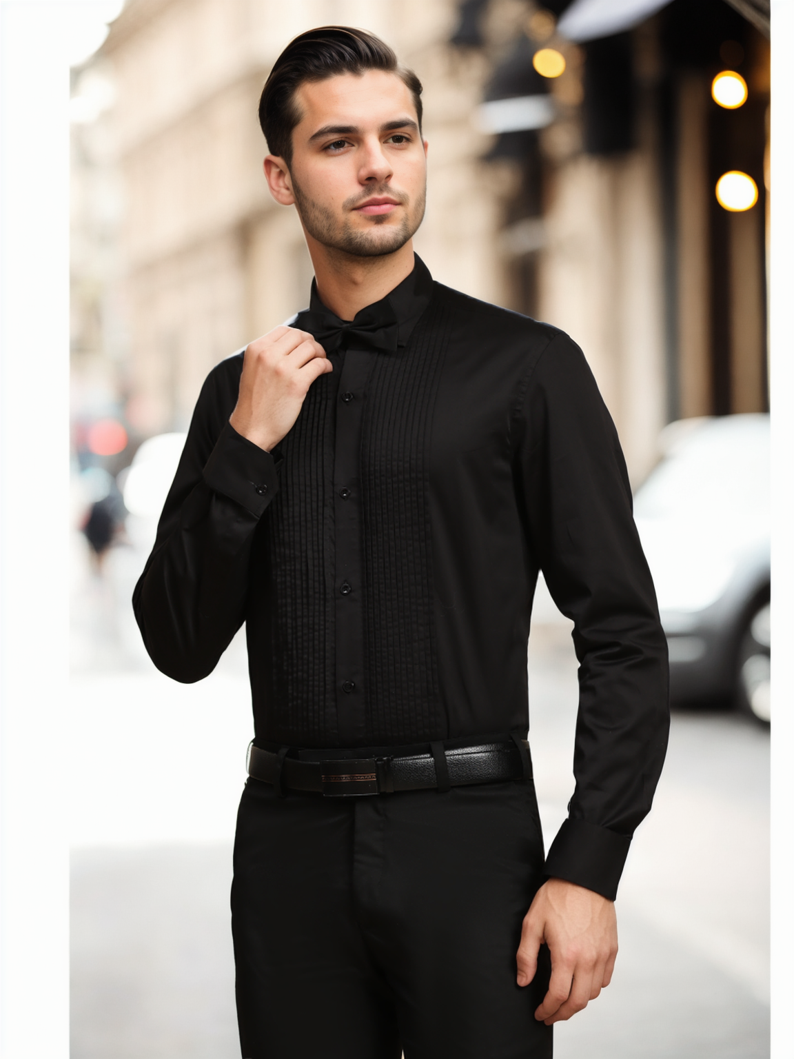 Full Pintex Tuxedo Shirt 100% Premium Cotton Satin for Men (Black Colour)