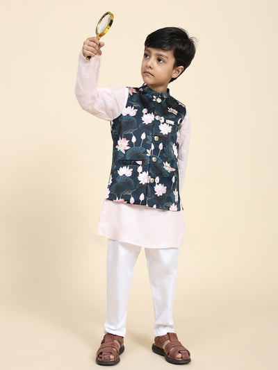 Lotus Print Satin Koti with Pink Kurta White Pajama Set
