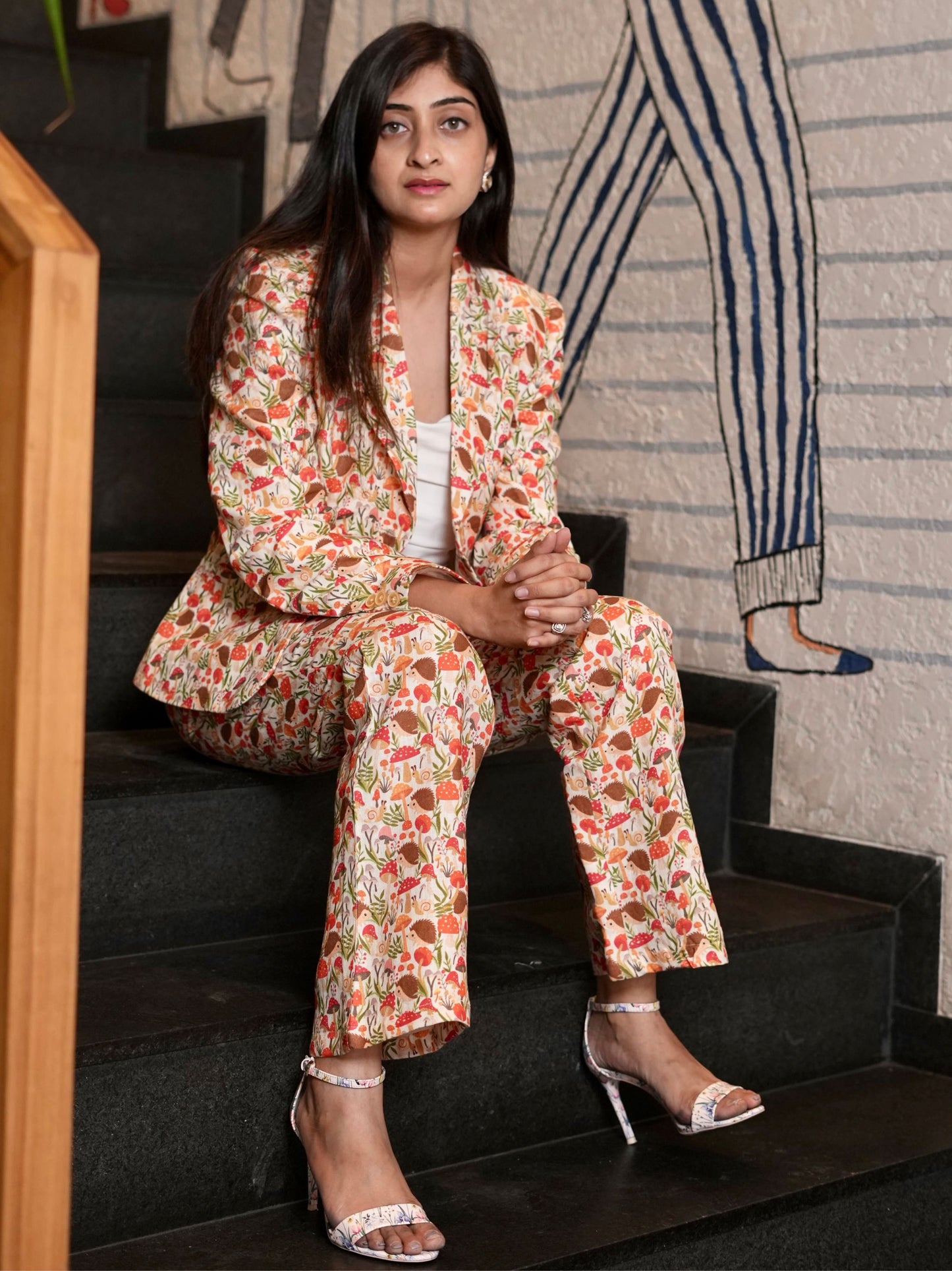 Mushroom Printed Pure Linen Blazer Trosuer set