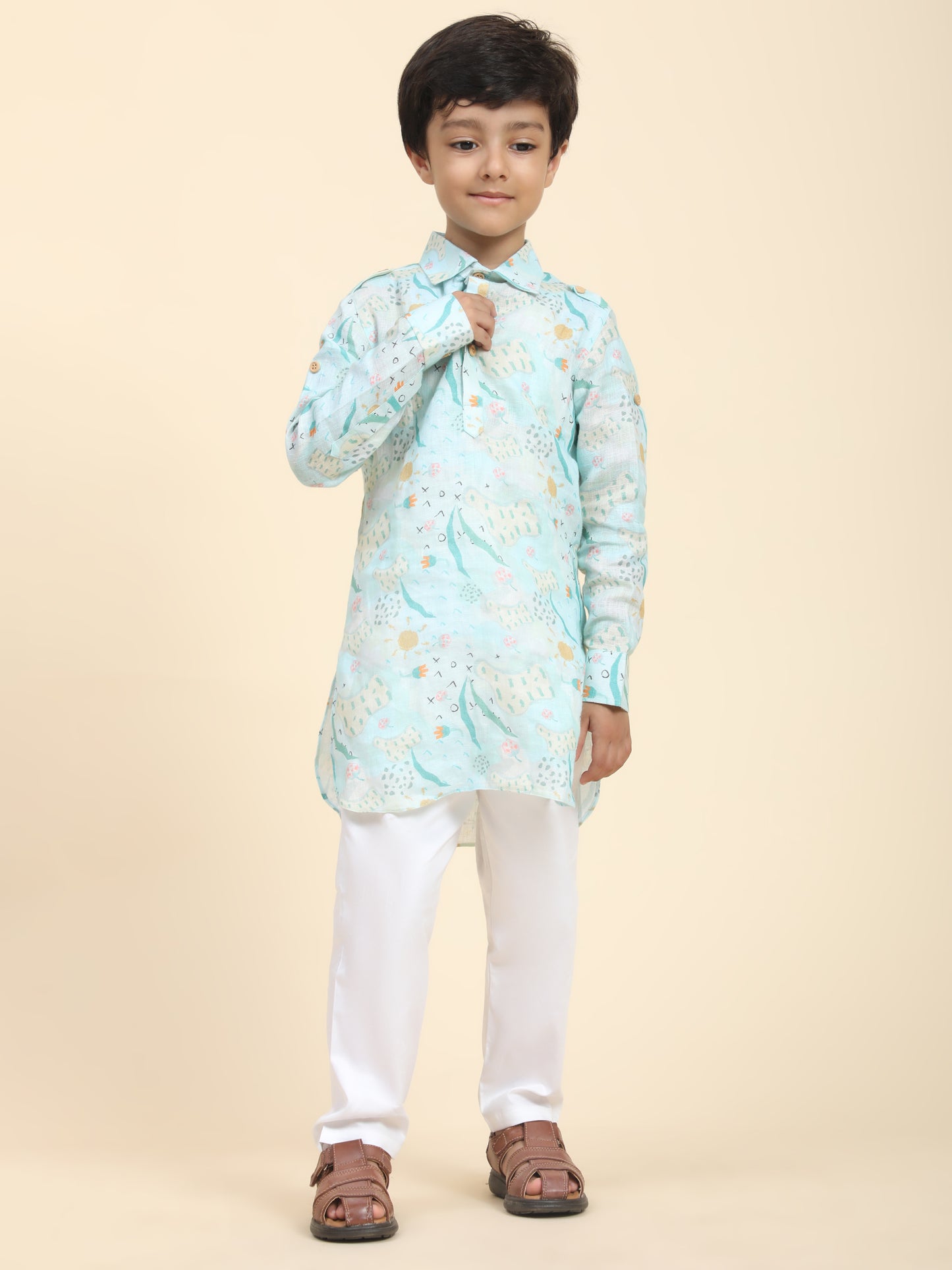 Waterlife Print Pure Linen Kurta  and Premium Cotton Pajama Set