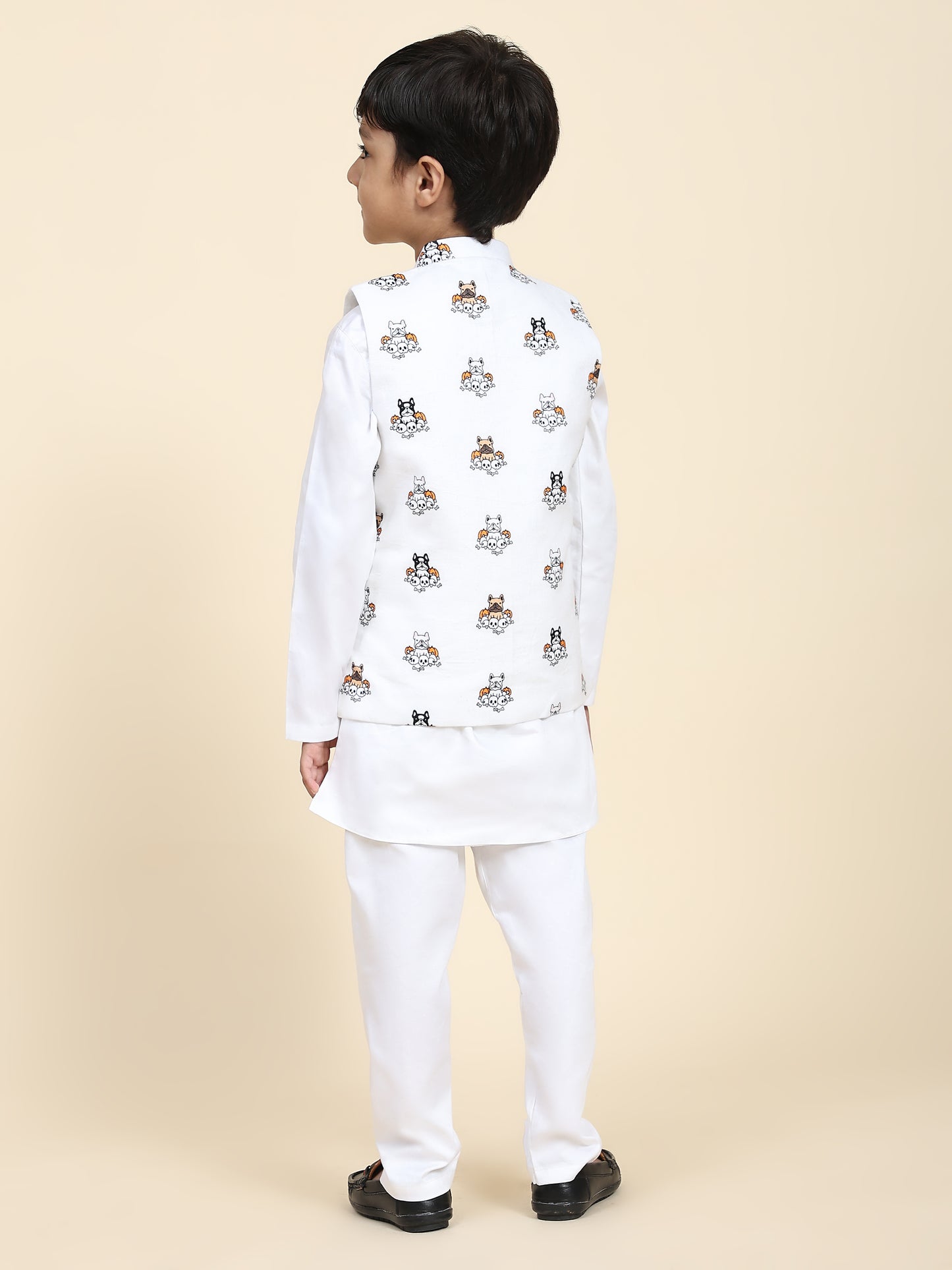 Dog Print Linen Koti with Pure Cotton White Kurta Pajama Set