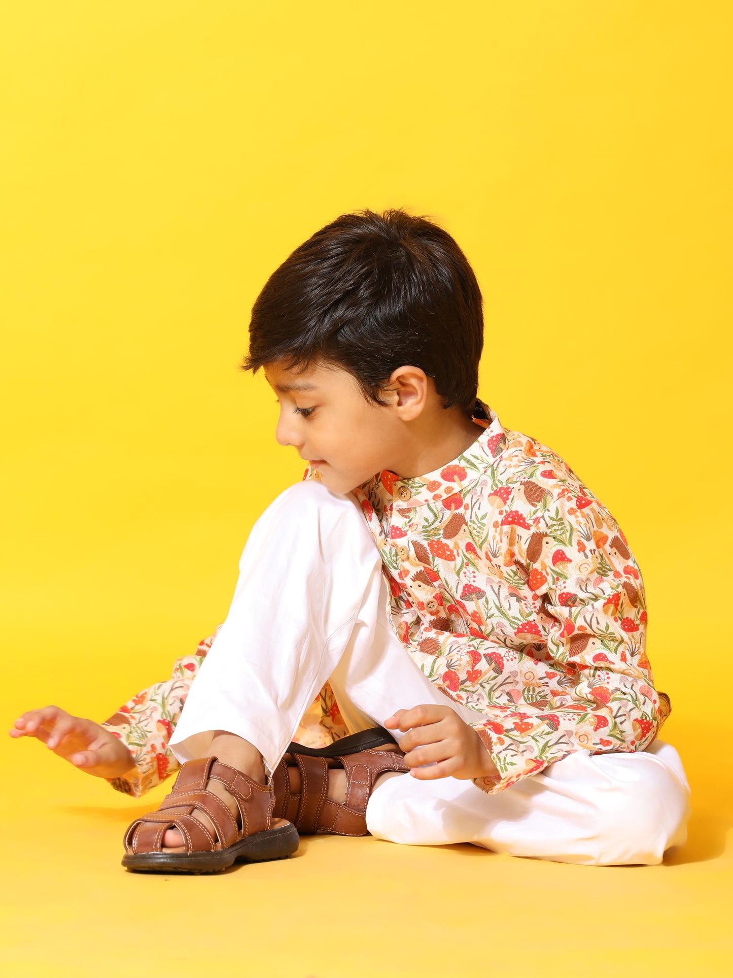 Mushroom Print Pure Linen Kurta  and Premium Cotton Pajama Set