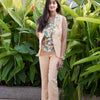 Solid Peach Sleeveless Pure Linen Blazer , Trouser and African forest Printed Top Set